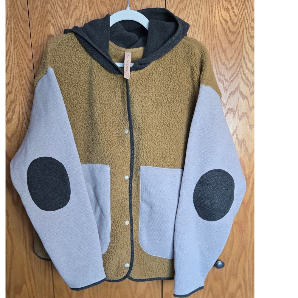 Indyeva Polartec Sherpa Fleece Hoodie Colorblock Snap Jacket Mustard Grey XL